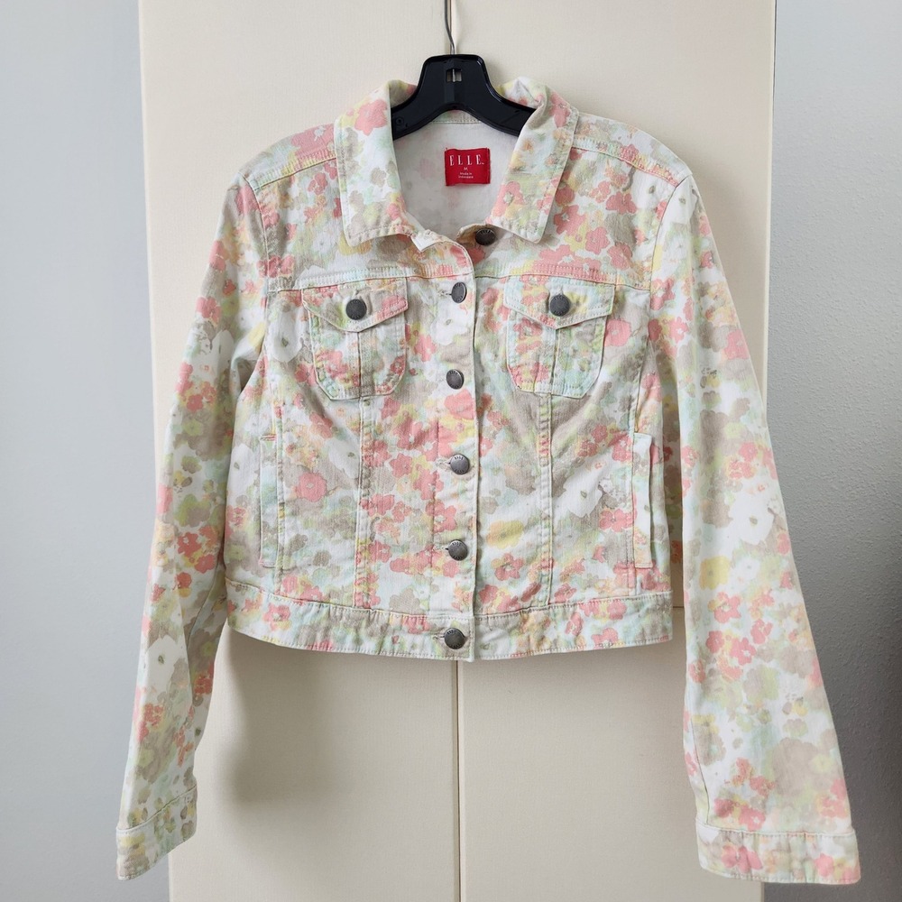 Grannycore Pastel Floral spring‎ Cropped Denim Jacket Multicolor Women's Size M